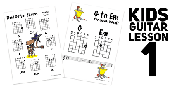 First Kid's guitar lesson 1 and a certificate to print for younger guitar students