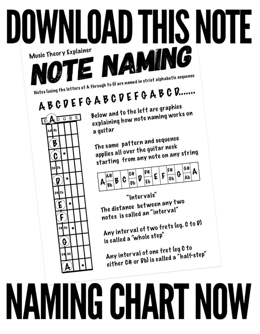Printable handout explaining how to name notes on the neck of a guitar